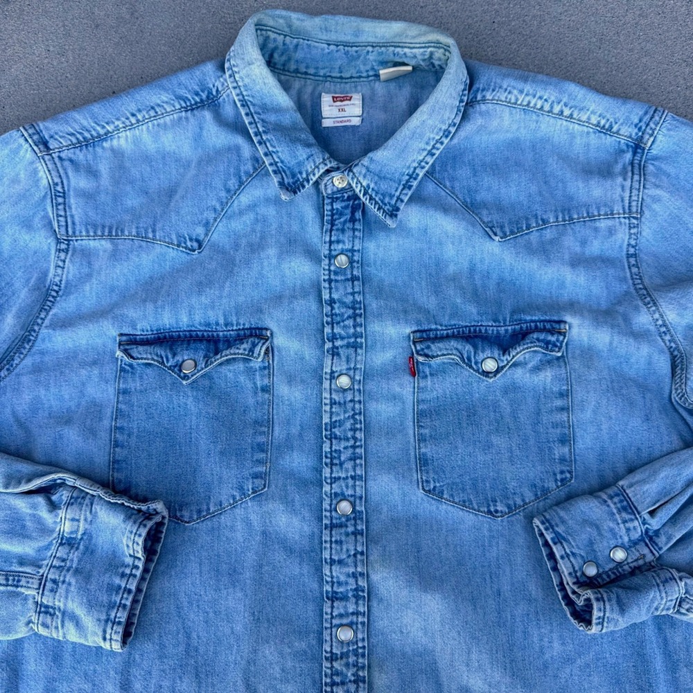 Levi's Mens XXL Light Wash Denim Western Pearl Snap Button Long Sleeve Shirt